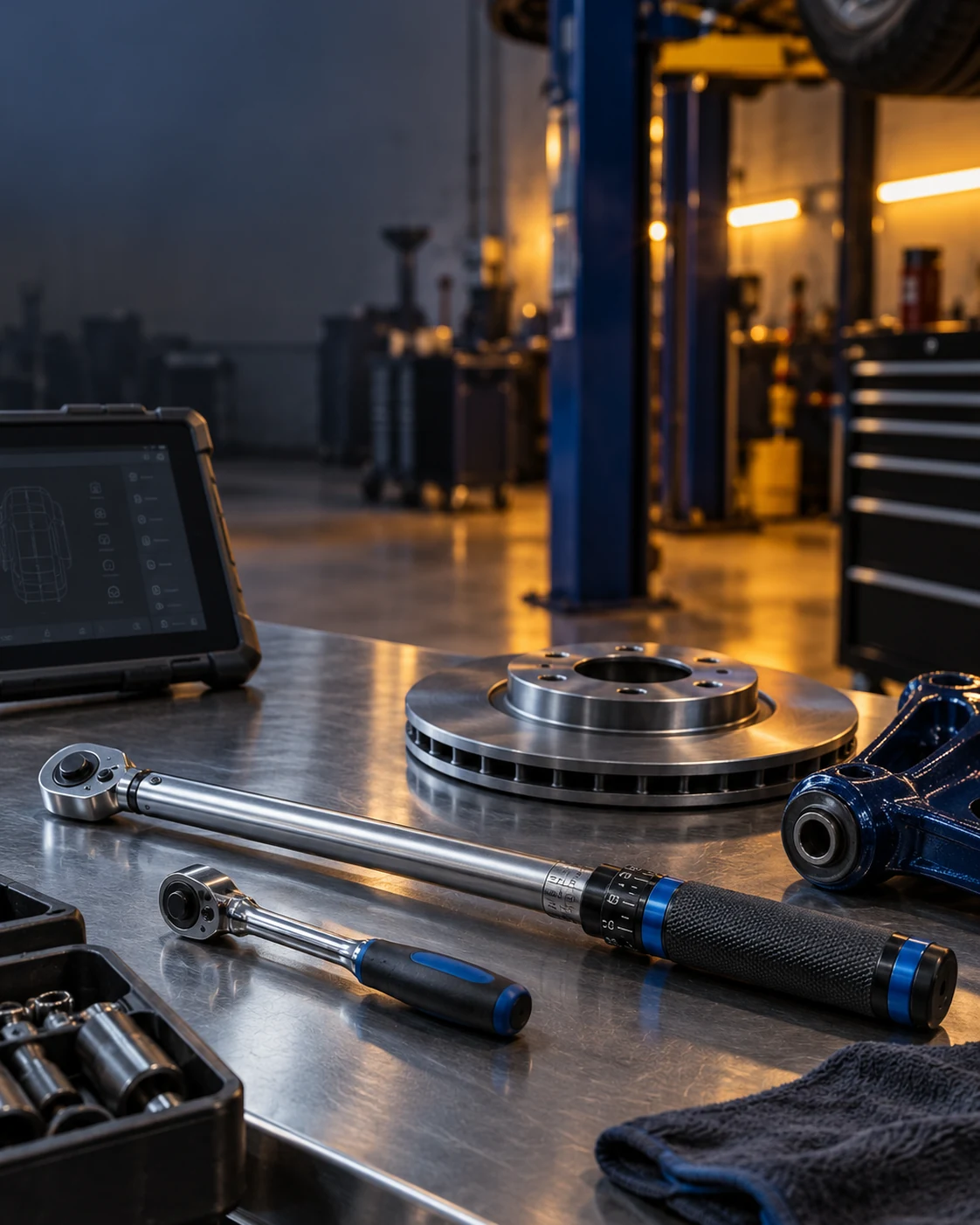Illustrative automotive diagnostic still life — original artwork, not the exact Gazy bay, staff or equipment.